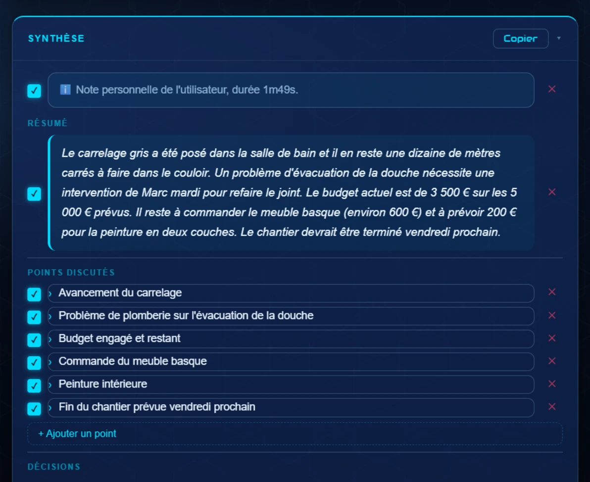 Synthèse générée par Ponk Note à la fin d'un enregistrement : résumé automatique et liste des points discutés, chacun pouvant être conservé ou retiré.